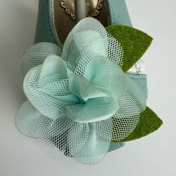 Joyfolie | Flower Embellished Chiffon Tulle Blue Open Toe Ballet Shoes | Girls 6 - Picture 3 of 7